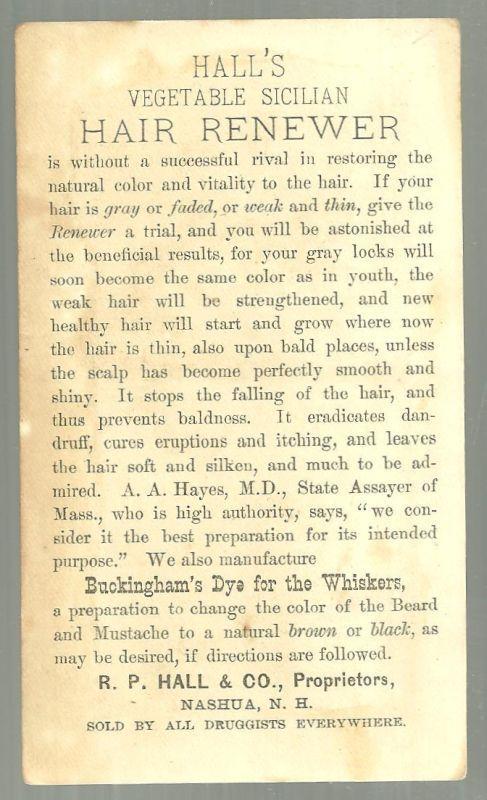 Victorian Trade Card for Hall's Vegetable Sicilian Hair Renewer with Lovely Lady