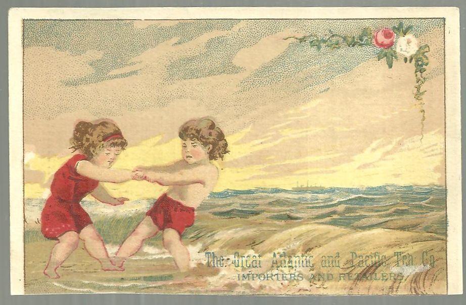 Victorian Trade Card Great Atlantic and Pacific Tea With Boy and Girl at Beach