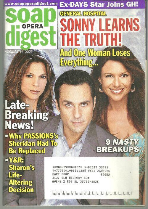 Soap Opera Digest Magazine August 16, 2005 GH Sonny Learns the Truth on Cover