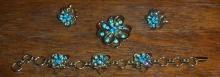 Vintage Gold Tone and Blue Rhinestone Three Piece Set Pin/Bracelet/Earrings