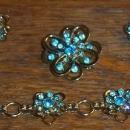 Vintage Gold Tone and Blue Rhinestone Three Piece Set Pin/Bracelet/Earrings