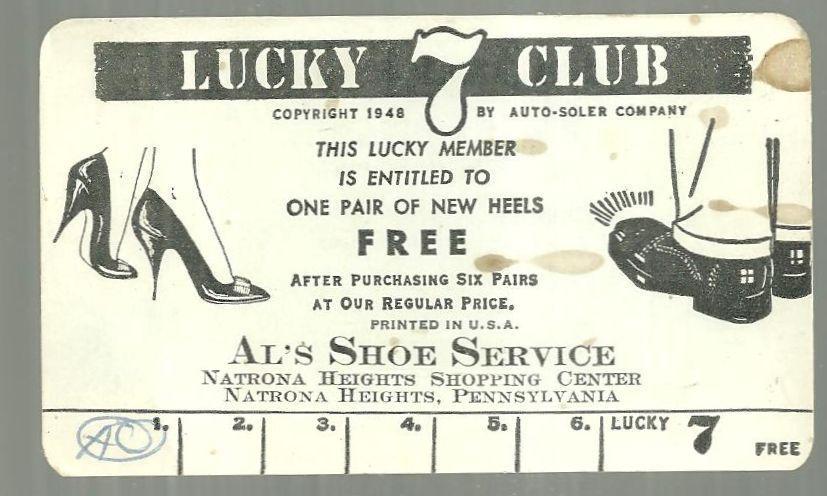 Vintage Lucky 7 Card for Al's Shoe Service, Natrona Heights, Pennsylvania
