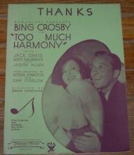 Thanks From Too Much Harmony Starring Bing Crosby 1933 Movie Sheet Music