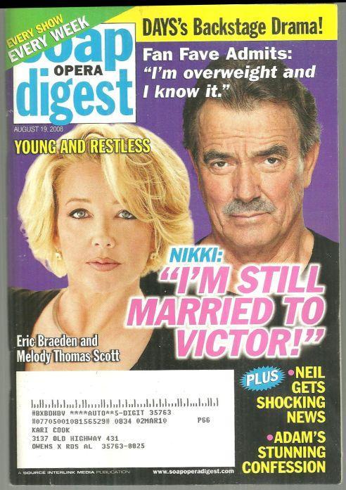 Soap Opera Digest August 19, 2008 YR Nikki and Victor Still Married on Cover