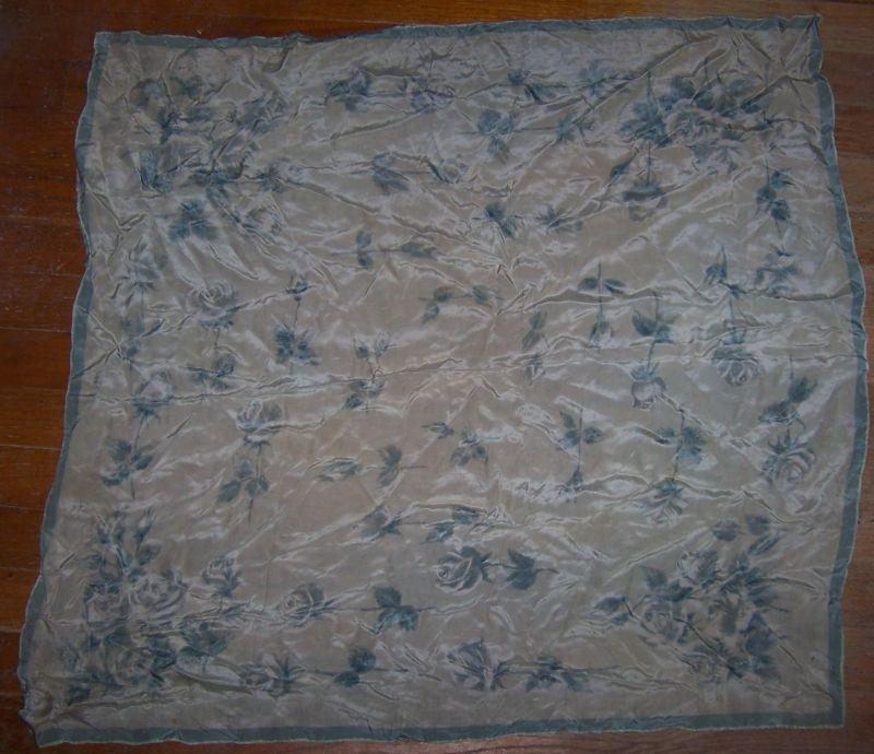 Vintage Square Scarf with Blue Roses on Light Grey Background and Blue Border