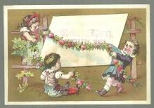 Victorian Trade Card for Johnson's Circulating Library with Children and Garland