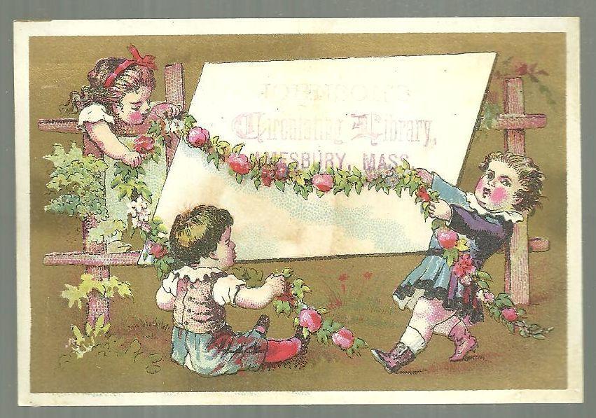 Victorian Trade Card for Johnson's Circulating Library with Children and Garland