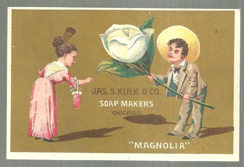 Victorian Trade Card For Jas. S. Kirk Soap Makers with Man Handing Lady Magnolia