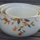 Vintage Hall China Jewel Tea Autumn Leaf Three Piece Mixing Bowl Set