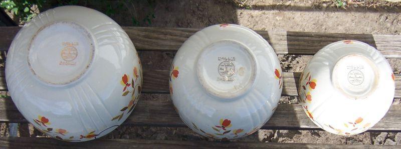Vintage Hall China Jewel Tea Autumn Leaf Three Piece Mixing Bowl Set