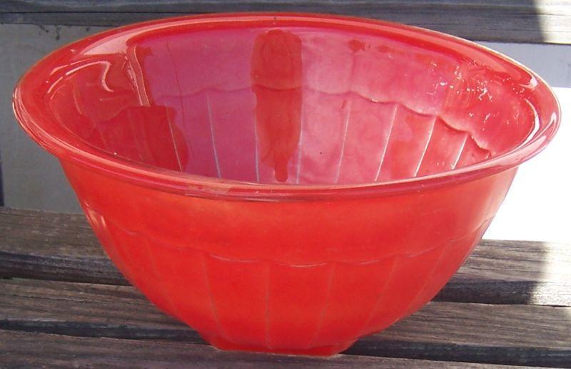 Vintage Glass Large Mixing Bowl with Red Fired On Glaze and Square Bottom