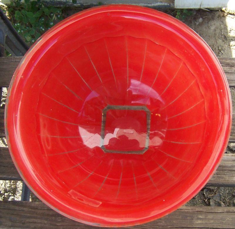 Vintage Glass Large Mixing Bowl with Red Fired On Glaze and Square Bottom