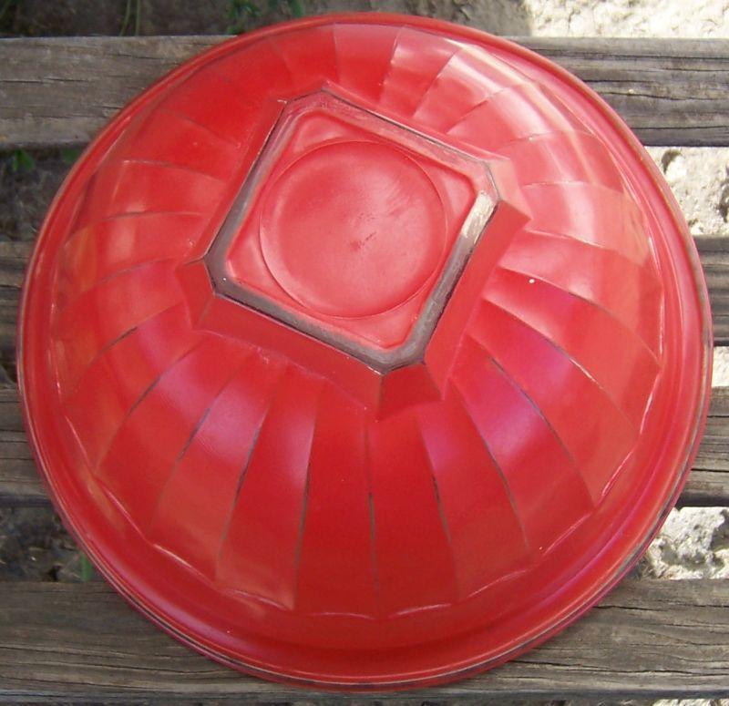 Vintage Glass Large Mixing Bowl with Red Fired On Glaze and Square Bottom