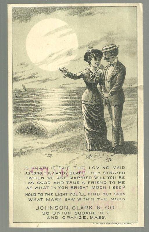 Victorian Trade Card New Home Sewing Machine with Couple and Hold to Light Moon
