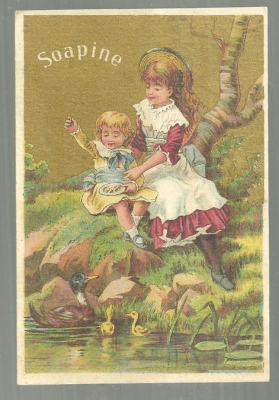 Victorian Trade Card for Soapine With Little Girls Feeding the Ducks