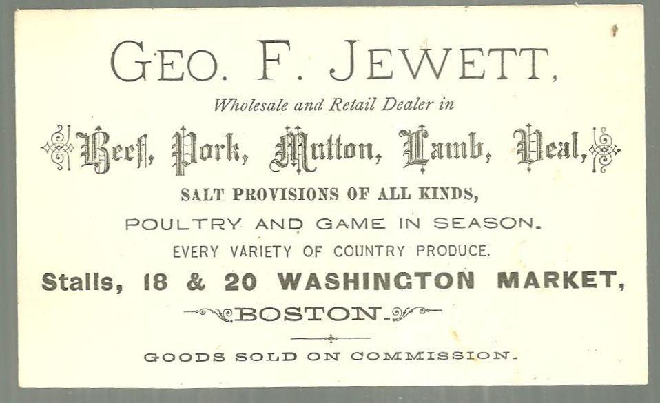 Victorian Trade Card for Geo. J. Jewett Dealer in Beef, Pork, Mutton, Lamb, Veal