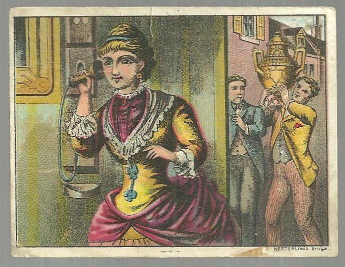 Victorian Trade Card Dilworth's Coffee With Lady on Phone and Boys With Trophy
