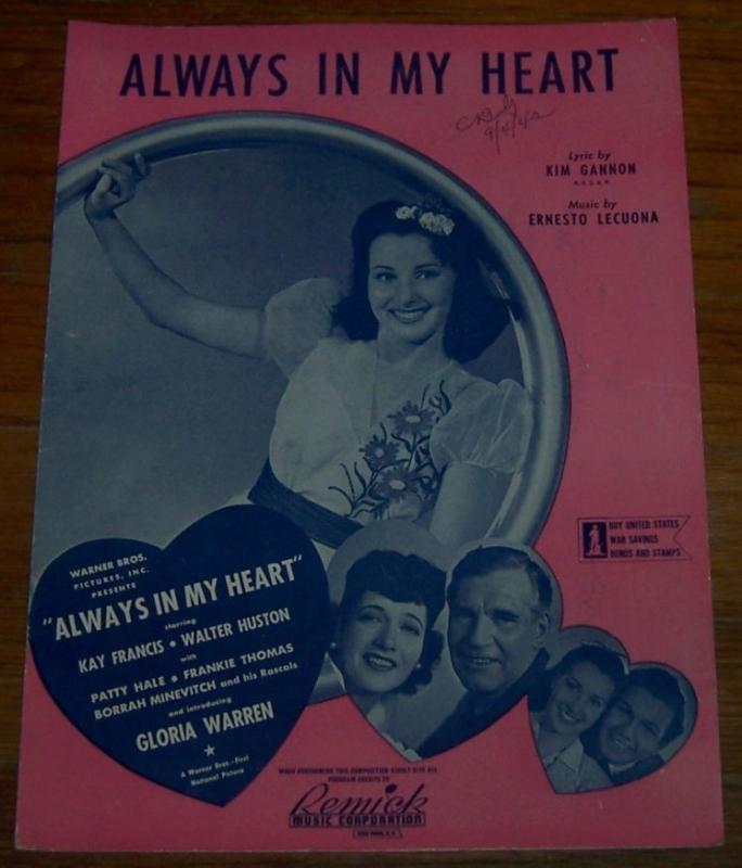Always in My Heart Starring Kay Francis and Walter Huston 1942 Sheet Music