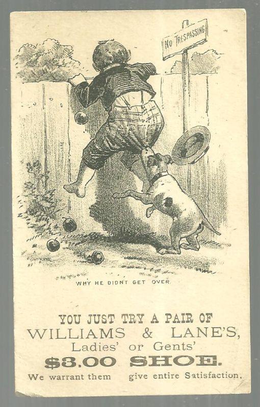 Victorian Trade Card for Williams and Lane's 3.00 Shoe With Boy Climbing Fence