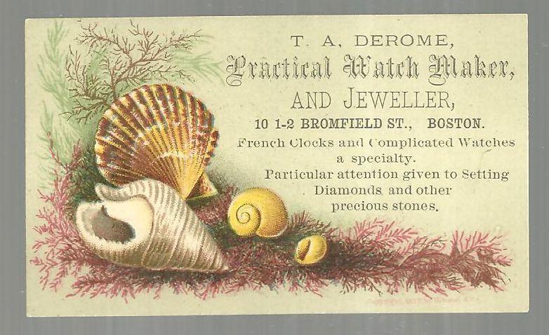 Victorian Trade Card for T. A. Derome, Practical Watch Maker with Sea Shells