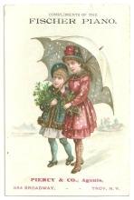 Victorian Trade Card for Fischer Piano with Girls Under Umbrella with Snow