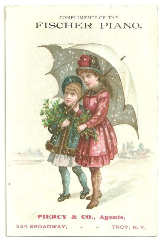 Victorian Trade Card for Fischer Piano with Girls Under Umbrella with Snow