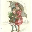 Victorian Trade Card for Fischer Piano with Girls Under Umbrella with Snow
