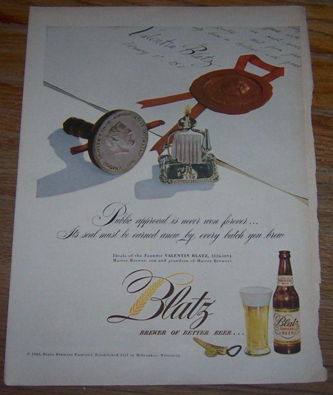 1947 Blatz Beer Life Magazine Color Advertisement Brewer of Better Beer