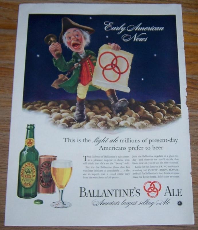 1947 Ballantine's Ale Life Magazine Color Advertisement Early American News