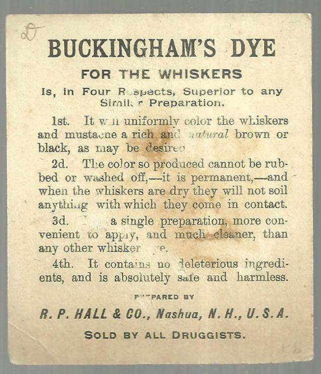 Victorian Trade Card for Buckingham's Dye for the Whiskers with Two Men