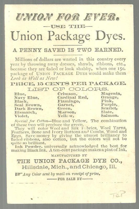 Victorian Trade Card for Union Package Dyes with Horse Dressed as a Man
