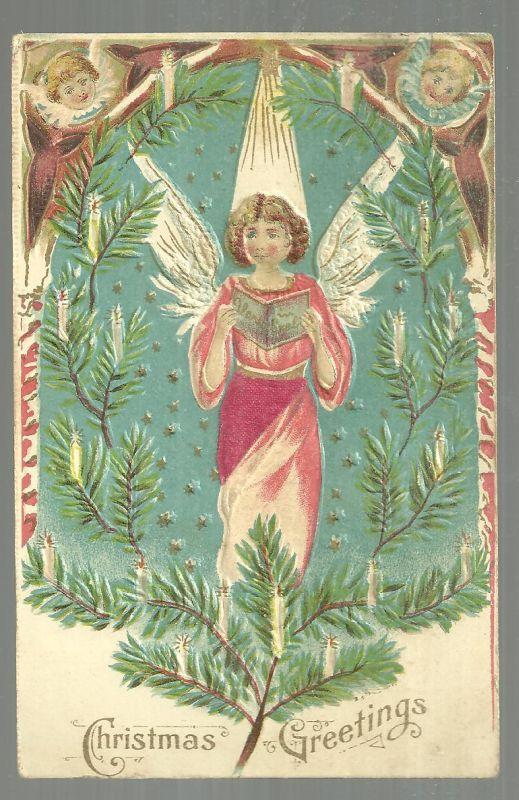Christmas Greetings Postcard with Angels Surrounded by Evergreens and Candles