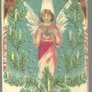 Christmas Greetings Postcard with Angels Surrounded by Evergreens and Candles