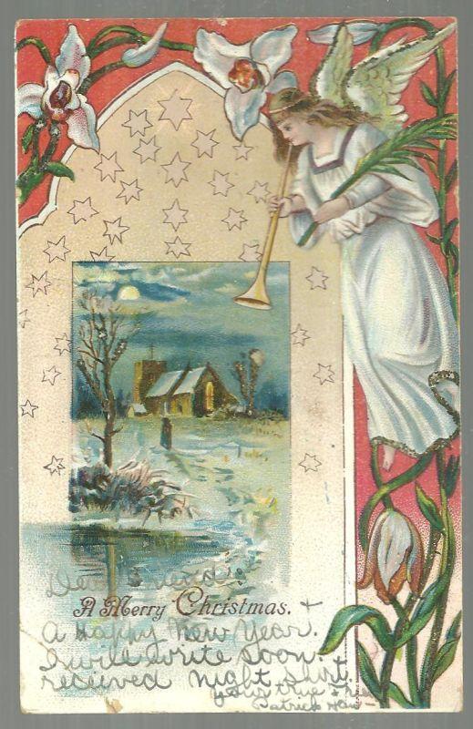 Merry Christmas Postcard with Angel Blowing Her Horn and Silver Glitter 1906