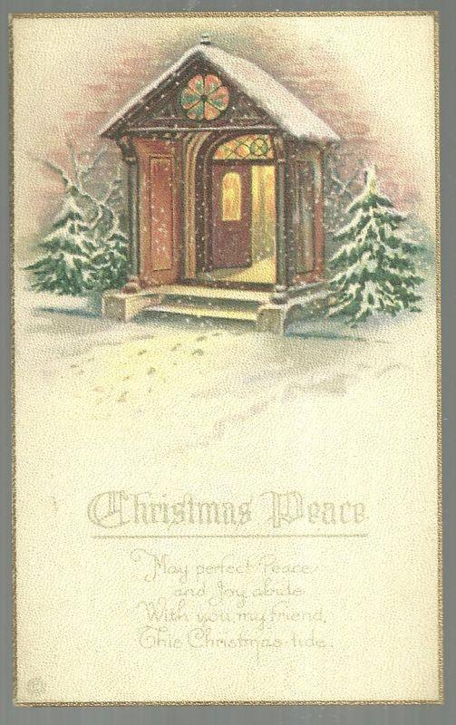 Christmas Peace Postcard with Snowy Church Doorway May Joy abide