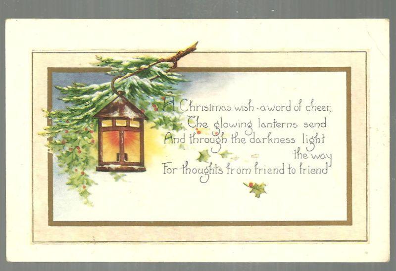 Christmas Postcard with Lantern on Snowy Branch A Christmas wish-a word of cheer