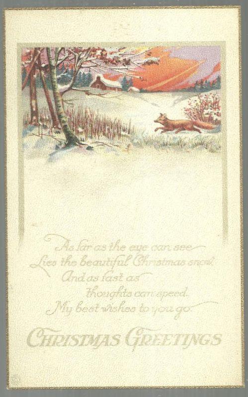 Christmas Greetings Postcard with Snowy Landscape and Fox