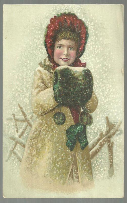 Victorian Card With Lovely Girl Dressed for Winter Standing Outside in Snow