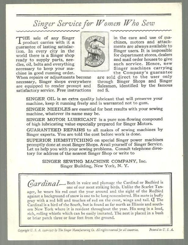 Victorian Trade Card Singer Sewing Machine American Song Birds Series Cardinal