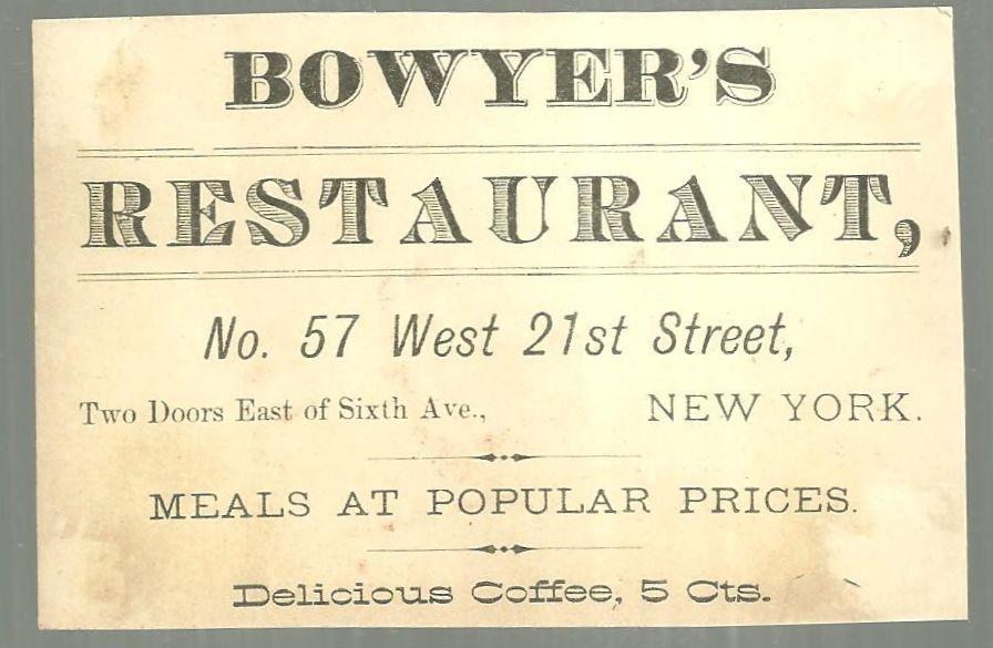 Victorian Trade Card for Bowyer's Restaurant with Top Hat Filled With Flowers