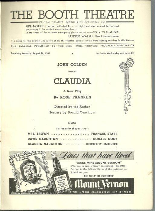 Playbill Claudia August 1941 Starring Frances Starr Donald Cook Dorothy McGuire