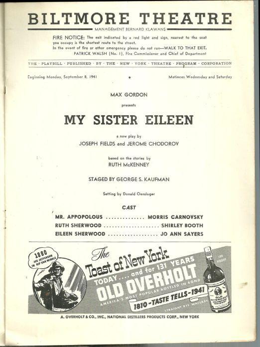 Playbill My Sister Eileen September 1941 Starring Shirley Booth Vintage Ads