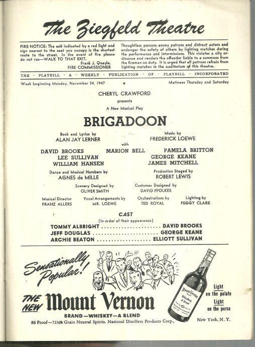 Playbill Brigadoon November 1947 Starring Marion Bell and James Mitchell