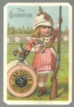 Victorian Trade Card J & P Coats Spool Cotton With Little Girl as The Champion