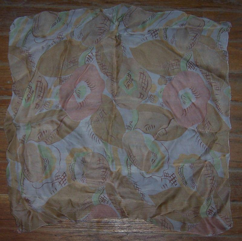 Vintage Handkerchief with Printed Brown Flowers and Leaves
