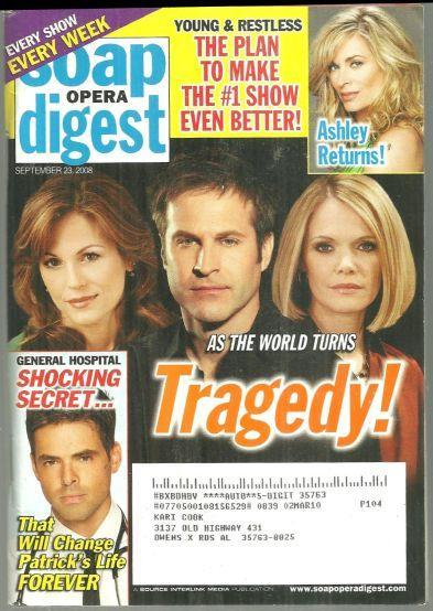 Soap Opera Digest Magazine September 23, 2008 As the World Turns Tragedy Cover