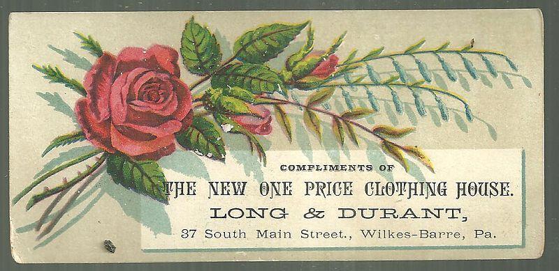 Victorian Trade Card for Long and Durant Clothing House Wilkes-Barre PA