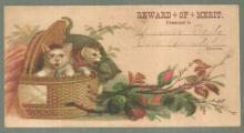 Victorian Reward of Merit with Basket of Kittens and Flowers