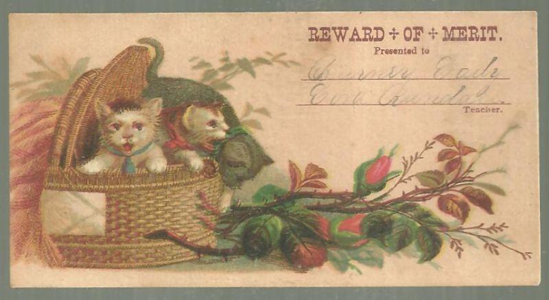Victorian Reward of Merit with Basket of Kittens and Flowers