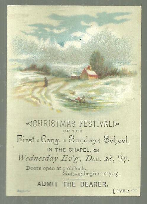 Victorian Ticket for Christmas Festival of the First Cong. Sunday School 1887